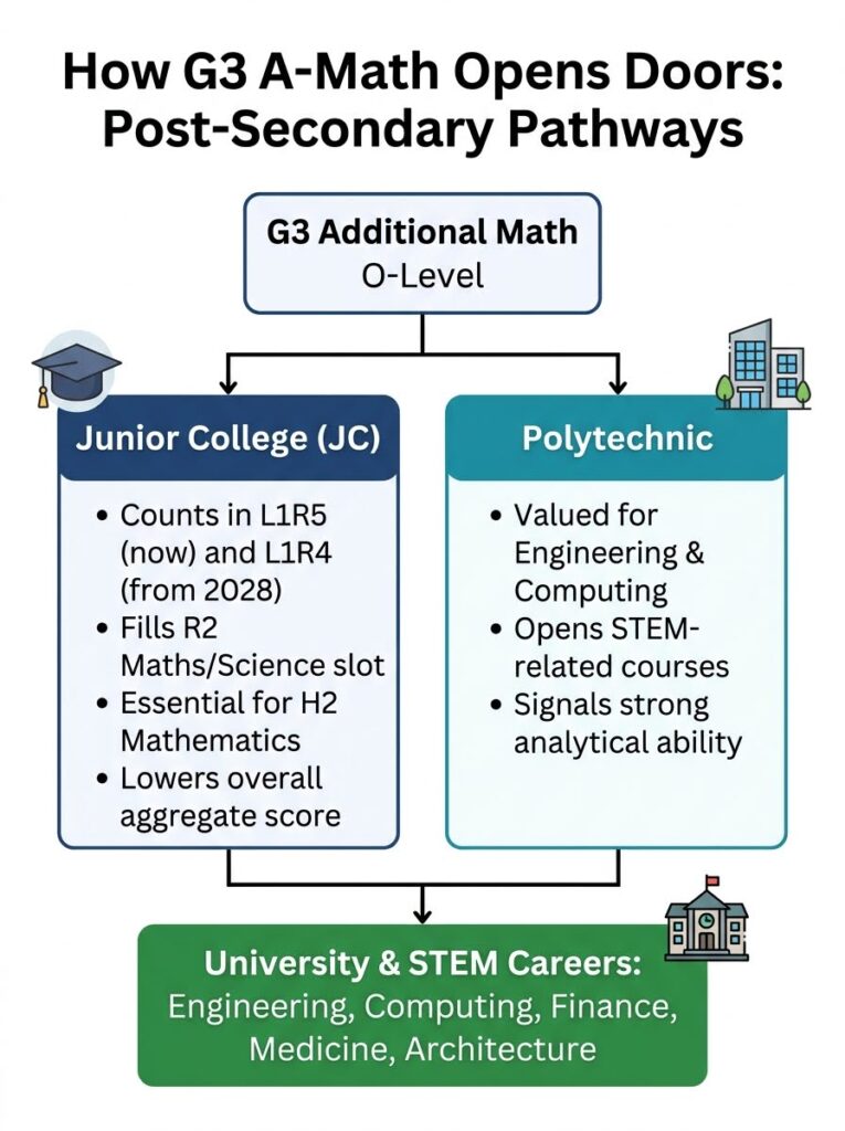 G3 Additional Math Singapore post-secondary pathways flowchart showing routes to Junior College, Polytechnic and university STEM careers
